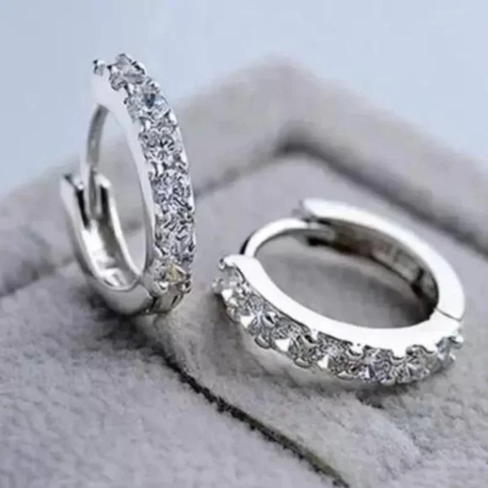 NEW 925 STERLING SILVER HOOP DIAMOND EARRINGS, BEAUTIFUL EARRINGS, CUTE EARRINGS - Picture 1 of 5